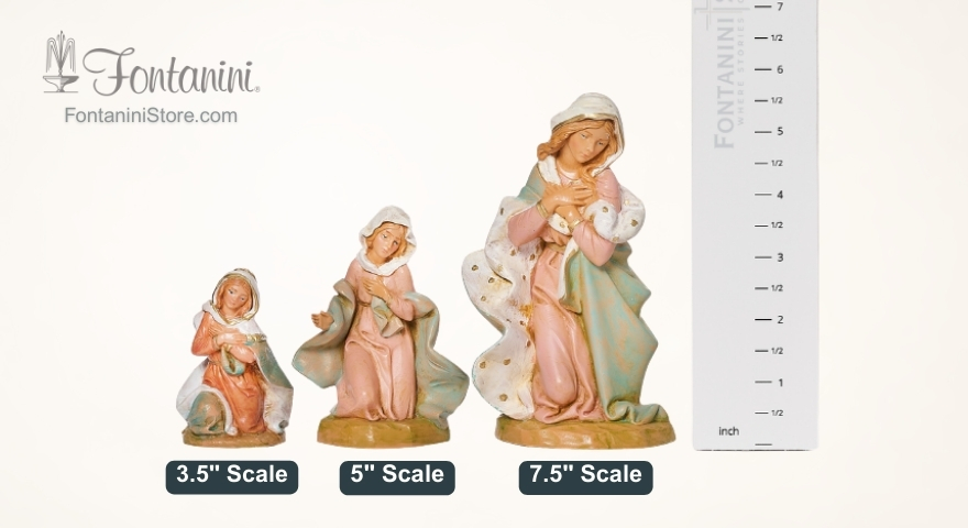 Fontanini nativity figures shown side by side in 3.5 inch, 5 inch, and 7.5 inch scales for size comparison.