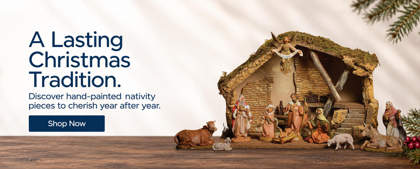 Dark orange and brown background with Italian nativity set. A lasting Tradition. Discover our hand-painted Nativity collections. Shop now.