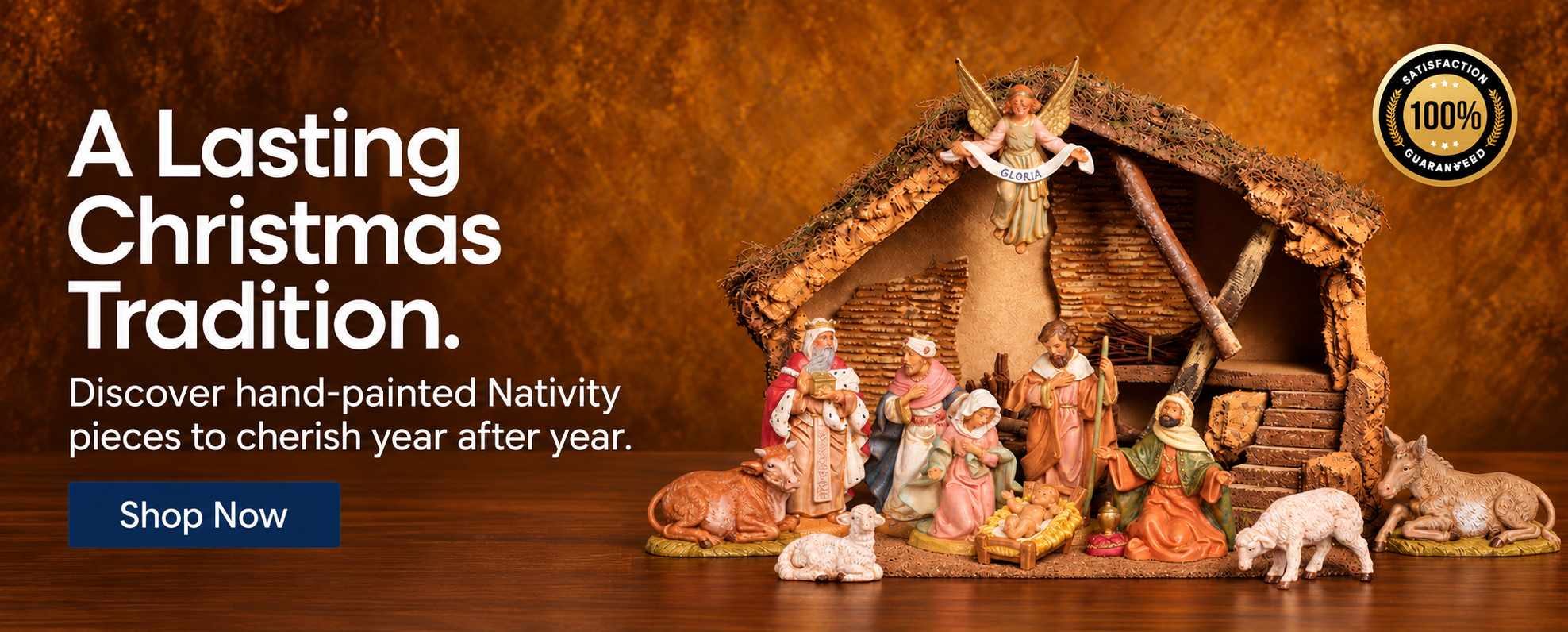 Dark orange and brown background with Italian nativity set. A lasting Tradition. Discover our hand-painted Nativity collections. Shop now.