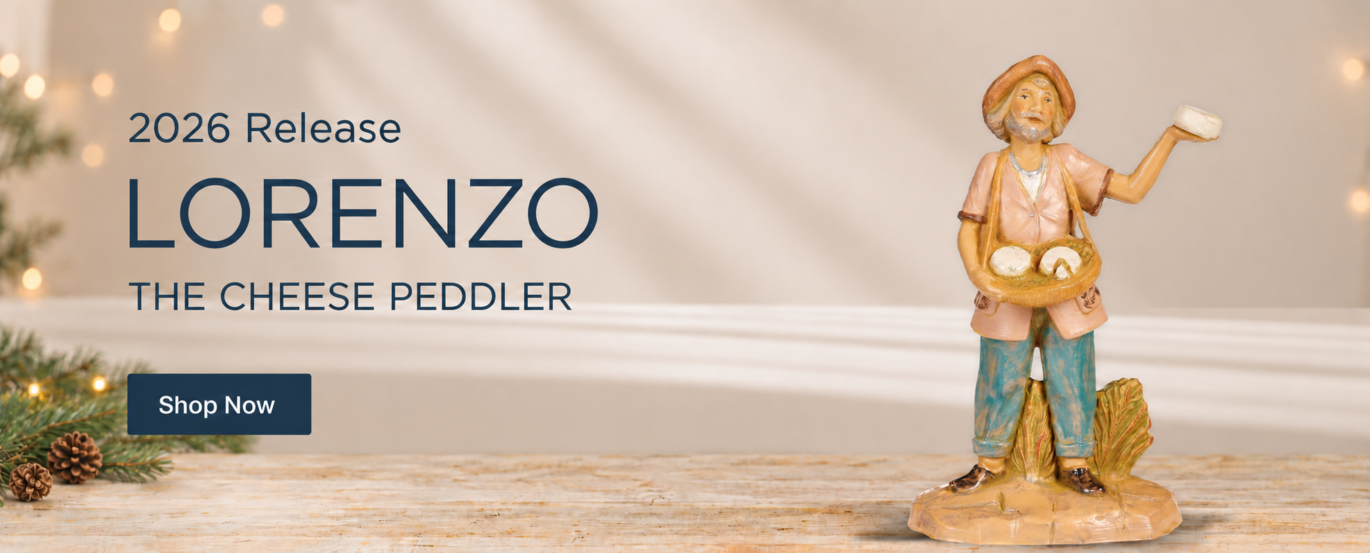Fontanini Cheese Peddler on Neutral Toned Background. Now Available: Lorenzo the Cheese Peddler. Shop now.